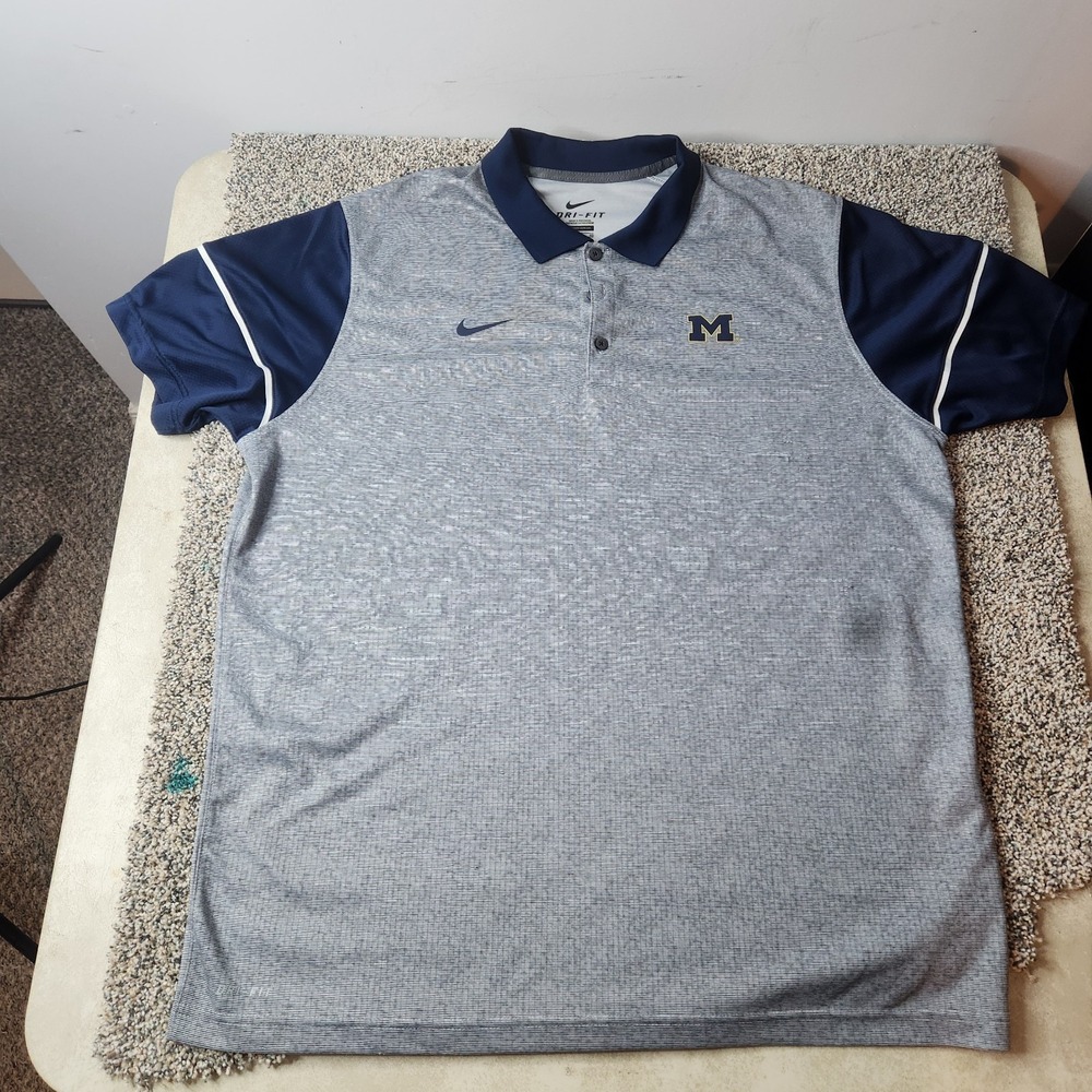 Nike Dri-FIT Michigan Wolverines Polo Shirt Mens XL Grey Navy Blue NCAA Sport
